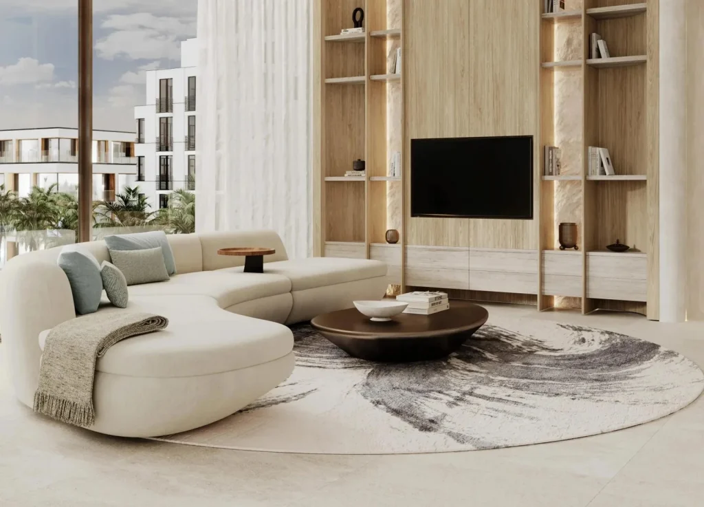 Contemporary living room with curved seating and custom wood TV cabinetry